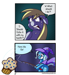 Size: 2000x2173 | Tagged: safe, artist:outofworkderpy, derpy hooves, trixie, pegasus, pony, unicorn, comic:a derpy magic show, g4, bait, bipedal, cape, clothes, comic, duo, duo female, female, fishing rod, food, funny, grin, hat, high res, magic show, magic trick, mare, muffin, outofworkderpy, smiling, sweat, trixie's cape, trixie's hat, tumblr, tumblr comic