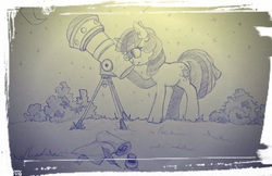 Size: 1500x973 | Tagged: safe, artist:egn, twilight sparkle, pony, g4, atg 2017, equestria daily exclusive, female, monochrome, newbie artist training grounds, quill, scroll, sepia, solo, stargazing, telescope, traditional art
