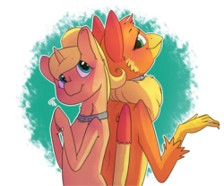 Size: 1907x1577 | Tagged: artist needed, safe, oc, oc only, oc:amber wing, oc:script write, griffon, pony, unicorn, abstract background, back to back, collar, looking at each other, nervous, smiling, standing