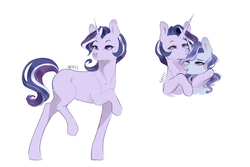 Size: 2700x1800 | Tagged: safe, artist:kraytt-05, oc, oc only, pony, unicorn, female, hug, implied lesbian, implied shipping, implied startrix, magical lesbian spawn, mare, next generation, offspring, one eye closed, parent:starlight glimmer, parent:trixie, parents:startrix, raised hoof, simple background, spanish description, translation request, white background