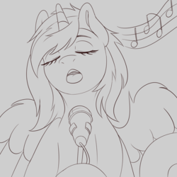 Size: 3600x3600 | Tagged: safe, artist:askamberfawn, oc, oc only, pony, explicit source, eyes closed, female, high res, mare, microphone, monochrome, music notes, open mouth, singing, sketch, winged unicorn