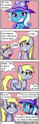 Size: 1280x4000 | Tagged: safe, artist:outofworkderpy, derpy hooves, dinky hooves, trixie, pegasus, pony, unicorn, comic:a derpy magic show, g4, cape, clothes, comic, female, filly, funny, hat, magic show, magic trick, mare, mother and daughter, outofworkderpy, trixie's cape, trixie's hat, tumblr, tumblr comic