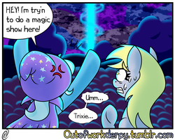 Size: 1280x1028 | Tagged: safe, artist:outofworkderpy, artist:wiggles, derpy hooves, trixie, pegasus, pony, unicorn, ask king sombra, comic:a derpy magic show, g4, cape, clothes, comic, female, funny, hat, magic show, magic trick, mare, outofworkderpy, shot seen around the world, sweatdrop, trixie's cape, trixie's hat, tumblr, tumblr comic, tumblr crossover