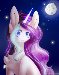 Size: 708x900 | Tagged: safe, artist:twinkepaint, oc, oc only, oc:magical brownie, pony, unicorn, bust, chest fluff, female, full moon, gift art, mare, moon, night, portrait, smiling, solo