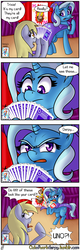 Size: 1280x4000 | Tagged: safe, artist:outofworkderpy, derpy hooves, trixie, oc, oc:brownie bun, pegasus, pony, unicorn, comic:a derpy magic show, horse wife, g4, cape, card trick, clothes, comic, duo, duo female, female, funny, hat, magic show, magic trick, mare, outofworkderpy, stage, trixie's cape, trixie's hat, tumblr, tumblr comic, uno