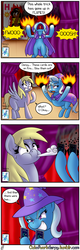 Size: 1280x4000 | Tagged: safe, artist:outofworkderpy, derpy hooves, trixie, oc, oc:brownie bun, pegasus, pony, unicorn, comic:a derpy magic show, horse wife, g4, cape, card trick, clothes, comic, female, fire, funny, grin, hat, magic show, magic trick, mare, outofworkderpy, smiling, stage, trixie's cape, trixie's hat, tumblr, tumblr comic