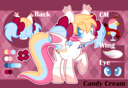 Size: 800x549 | Tagged: safe, artist:snow angel, oc, oc only, oc:candy cream, bat pony, pony, female, heart eyes, mare, reference sheet, solo, watermark, wingding eyes