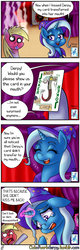 Size: 1280x4000 | Tagged: safe, artist:outofworkderpy, derpy hooves, discord, trixie, oc, oc:brownie bun, pegasus, pony, unicorn, comic:a derpy magic show, horse wife, g4, blushing, cape, card trick, clothes, comic, crying, fake crying, fake tears, female, hat, magic show, magic trick, mare, outofworkderpy, stage, steam, trixie's cape, trixie's hat, tumblr, tumblr comic