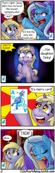 Size: 640x2000 | Tagged: safe, artist:outofworkderpy, derpy hooves, dinky hooves, trixie, oc, oc:brownie bun, pegasus, pony, unicorn, comic:a derpy magic show, horse wife, g4, cape, card trick, clothes, comic, female, filly, funny, hat, magic show, magic trick, mare, mother and daughter, outofworkderpy, stage, starry eyes, trixie's cape, trixie's hat, tumblr, tumblr comic, wingding eyes