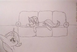 Size: 1781x1187 | Tagged: safe, artist:manicdiane, starlight glimmer, trixie, pony, unicorn, g4, couch, duo, gazing, monochrome, sleeping, traditional art