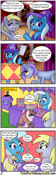 Size: 640x2000 | Tagged: safe, artist:outofworkderpy, derpy hooves, dinky hooves, trixie, oc, oc:brownie bun, oc:partway mist, oc:violet blossom, pegasus, pony, unicorn, comic:a derpy magic show, horse wife, g4, book, box, box sawing trick, cape, clothes, comic, crosscut saw, female, filly, funny, hat, magic show, magic trick, mare, mother and daughter, outofworkderpy, saw, stage, t shirt design, trixie's cape, trixie's hat, tumblr, tumblr comic
