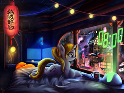 Size: 2484x1865 | Tagged: safe, artist:atlas-66, oc, oc only, oc:grace delicatesse, pony, unicorn, bed, bedroom, building, chinese, city, commission, cyberpunk, female, flying car, futuristic, lantern, mare, night, paper lantern, prone, solo