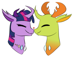Size: 1024x806 | Tagged: safe, artist:musicdove, thorax, twilight sparkle, changedling, changeling, changeling queen, g4, alternate universe, bust, changedlingified, changeling king, changelingified, duo, eyes closed, female, heart, king thorax, male, nuzzling, portrait, profile, queen, shipping, simple background, smiling, species swap, straight, transparent background, twirax