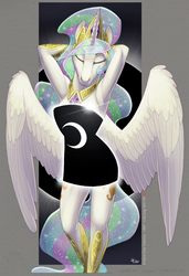 Size: 1025x1500 | Tagged: safe, artist:loupgarou, princess celestia, alicorn, anthro, g4, arm behind head, armpits, censored, clothes, dress, eclipse, eclipse dress, female, hoers, mare, solar eclipse, solo