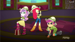 Size: 1280x720 | Tagged: safe, screencap, apple bloom, scootaloo, sweetie belle, eqg summertime shorts, equestria girls, g4, the canterlot movie club, boots, cinema, clothes, cutie mark crusaders, finger gun, hat, jeans, pants, shoes, shorts, skirt
