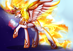 Size: 4320x3000 | Tagged: safe, artist:darsiaradianthorner, daybreaker, alicorn, pony, g4, day, drool, eating, female, fire, moon, night, simple background, solo, tall