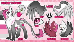 Size: 3840x2160 | Tagged: safe, artist:kez, oc, oc only, oc:cherry feather, oc:gallagher, oc:zeny, griffon, hippogriff, pegasus, pony, abstract background, beak, chest fluff, claws, female, high res, hooves, looking at you, male, oc x oc, offspring, parent, parent:oc:gallagher, parent:oc:zeny, parents:oc x oc, reference sheet, shipping, solo focus, tail feathers, wings
