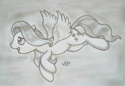 Size: 4160x2886 | Tagged: safe, artist:gian2020, fluttershy, pegasus, pony, g4, female, flying, high res, monochrome, solo, traditional art