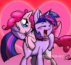 Size: 714x650 | Tagged: safe, artist:justagirlonline, pinkie pie, twilight sparkle, pony, g4, blushing, bow, eyes closed, female, laughing, lesbian, neck bow, ship:twinkie, shipping, tongue out