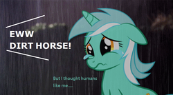 Size: 986x546 | Tagged: safe, lyra heartstrings, pony, unicorn, g4, abuse, background pony strikes again, bronybait, crying, dialogue, female, floppy ears, lyrabuse, offscreen character, op is a duck, rain, sad, solo, teary eyes, wavy mouth