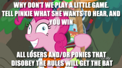 Size: 490x274 | Tagged: safe, pinkie pie, bat, pony, g4, derp, image macro, insanity, meme, pinkie derp, this will end in tears