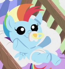 Size: 220x233 | Tagged: safe, rainbow dash, pegasus, pony, g4, parental glideance, baby, baby dash, baby pony, crib, diaper, foal