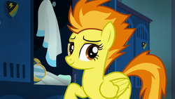 Size: 1280x720 | Tagged: safe, screencap, spitfire, pegasus, pony, g4, top bolt, cute, cutefire, female, locker room, mare, solo