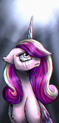 Size: 578x1200 | Tagged: safe, artist:not-ordinary-pony, princess cadance, alicorn, pony, g4, female, hair over one eye, looking up, makeup, mare, running makeup, sad, solo