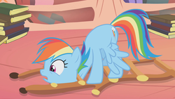 Size: 1280x720 | Tagged: safe, screencap, rainbow dash, pony, bridle gossip, g4, book, female, golden oaks library, ladder, mare, solo