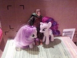 Size: 1280x960 | Tagged: safe, merry, rarity, sweetie belle, pony, g4, action figure, brushable, hobbit, hug, irl, lord of the rings, meriadoc brandybuck, photo, toy