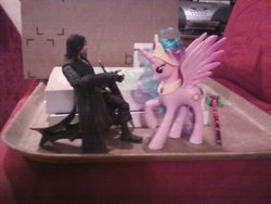 Size: 1280x960 | Tagged: safe, princess celestia, pony, g4, action figure, aragorn, brushable, irl, kneeling, lord of the rings, photo, pinklestia, sword, toy, weapon