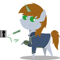 Size: 1513x1500 | Tagged: safe, artist:darksoma, oc, oc only, oc:littlepip, pony, unicorn, fallout equestria, clothes, female, jumpsuit, lockpicking, looking back, magic, mare, pipbuck, pointy ponies, raised hoof, screwdriver, simple background, solo, transparent background, vault suit