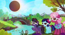 Size: 1000x545 | Tagged: safe, artist:pixelkitties, cheerilee, oc, earth pony, pegasus, pony, g4, 2017 solar eclipse, bow, bridge, clothes, colt, eclipse, eclipse glasses, eyewear, female, filly, glasses, hair bow, jewelry, male, mare, moon, mountain, mountain range, necklace, park, river, scarf, solar eclipse, sun, sunglasses