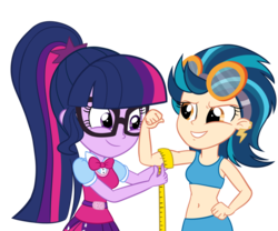 Size: 979x816 | Tagged: dead source, safe, artist:wubcakeva, indigo zap, sci-twi, twilight sparkle, equestria girls, g4, belly button, bicep, clothes, commission, ear piercing, earring, female, flexing, glasses, goggles, jewelry, measuring tape, midriff, muscles, piercing, simple background, skirt, sports bra, sports shorts, transparent background