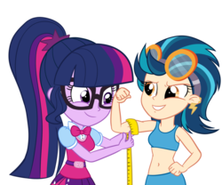 Size: 979x816 | Tagged: dead source, safe, artist:wubcakeva, indigo zap, sci-twi, twilight sparkle, equestria girls, g4, belly button, bicep, capri leggings, clothes, commission, ear piercing, earring, female, flexing, glasses, goggles, jewelry, leggings, measuring tape, midriff, muscles, pants, piercing, simple background, skirt, spandex, sports bra, sports pants, sports shorts, transparent background, yoga pants