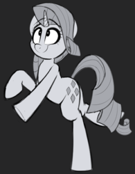 Size: 653x837 | Tagged: safe, artist:january3rd, rarity, pony, unicorn, g4, black background, female, grayscale, looking up, mare, monochrome, simple background, smiling, solo, standing, standing on one leg