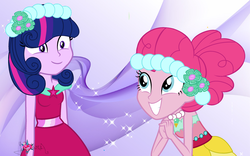 Size: 1024x640 | Tagged: safe, artist:smallartistyt, edit, pinkie pie, twilight sparkle, a canterlot wedding, equestria girls, g4, 1000000th safe image, bridesmaid dress, clothes, dress, duo, female, get, grin, happy, smiling, sparkles, story in the comments, wallpaper, wallpaper edit