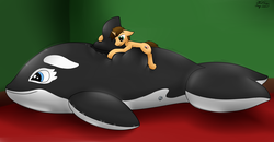 Size: 3600x1879 | Tagged: safe, artist:the-furry-railfan, oc, oc only, oc:bobby seas, pony, unicorn, whale, cuddling, indoors, inflatable, inflatable toy, pool toy, size difference, squishy