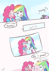 Size: 1409x2048 | Tagged: safe, artist:yuck, pinkie pie, rainbow dash, equestria girls, g4, camera, clothes, comic, cute, dialogue, diapinkes, eyes closed, female, heart hands, lesbian, multicolored hair, open mouth, photo, ship:pinkiedash, shipping, smiling