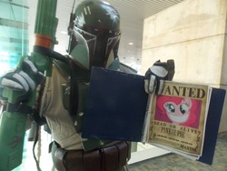 Size: 960x720 | Tagged: safe, pinkie pie, earth pony, pony, bronycon, bronycon 2017, g4, boba fatass, boba fett, clothes, cosplay, costume, irl, one piece, photo, star wars, the mandalorian, wanted poster
