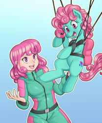 Size: 3078x3700 | Tagged: safe, artist:nauth, oc, oc only, oc:windcatcher, human, pony, commission, cute, gradient background, high res, human ponidox, humanized, parachute, self ponidox, skydiving, smiling