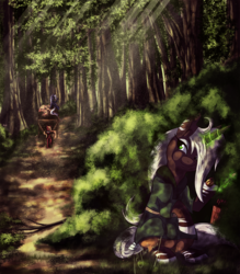 Size: 1096x1250 | Tagged: safe, artist:shivannie, oc, oc only, pony, arrow, bush, cart, female, forest, glowing horn, hiding, horn, mare, tree