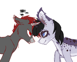 Size: 3696x3000 | Tagged: safe, artist:darsiaradianthorner, oc, oc only, oc:rairon horner, oc:richard walfang, fawn, goat, pony, werewolf, blue eyes, ear fluff, gay, high res, horns, lidded eyes, looking at each other, male, raichard, red eyes, scrunchy face, shipping, simple background, smiling, spots, white background