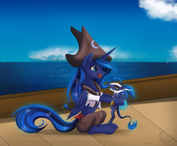 Size: 1447x1200 | Tagged: safe, artist:silver-wingx, princess luna, oc, alicorn, dragon, pony, g4, bicorne, clothes, cloud, female, hat, looking at each other, mare, pirate, pirate hat, sky, smiling, solo, water