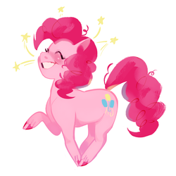 Size: 2284x2284 | Tagged: safe, artist:tomoe-chi, pinkie pie, earth pony, pony, g4, colored hooves, cute, diapinkes, eyes closed, female, high res, mare, prancing, raised hoof, simple background, smiling, solo, stars, unshorn fetlocks, white background