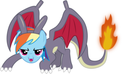Size: 1653x1001 | Tagged: safe, artist:cloudy glow, rainbow dash, charizard, pony, g4, female, looking at you, mare, pokémon, shiny pokémon, simple background, smiling, solo, transparent background