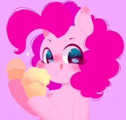 Size: 1440x1371 | Tagged: safe, artist:koto, pinkie pie, pony, g4, cupcake, cute, diapinkes, female, food, heart, hoof hold, simple background, smiling, solo, tongue out