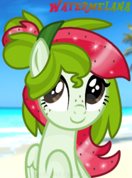 Size: 602x810 | Tagged: safe, artist:monkfishyadopts, oc, oc only, oc:watermelana, pony, base used, beach, freckles, ocean, solo