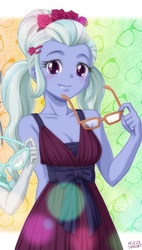 Size: 454x800 | Tagged: safe, artist:uotapo, edit, silver spoon, sugarcoat, human, equestria girls, g4, blushing, breasts, cleavage, clothes, cropped, cute, dress, female, flower, glasses, looking at you, offscreen character, smiling, sugarcute