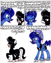 Size: 1394x1702 | Tagged: safe, artist:newyorkx3, princess luna, oc, oc:tommy junior, alicorn, earth pony, pony, g4, artemabetes, colt, comic, cute, male, prince artemis, rule 63, rule63betes, smiling, speech bubble, traditional art